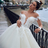 Elegant Long Sleeve See Through Back Wedding Dresses Ball Gown Lace Bridal Gowns