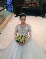 Fancy Beading Lace Cathedral Wedding Dress Illusion O-neck Long Sleeve Ball Gown Bridal Dress