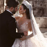 High-end Ultrathin Long Sleeve Dubai Wedding Gown 3D Lace Flower Ball Gown Wedding Dress