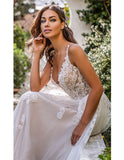 Fashion Boho Spaghetti Strap Princess Wedding Dresses Sleeveless 3D Flower Lace Bridal Gowns