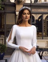 High Quality Satin Wedding Dress Women Modest A Line Slit Long Sleeve Bridal Gown