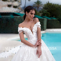 VLLUSISA Boat Neck Off Shoulder Ball Gown Wedding Dresses Beading Lace Bridal Gowns