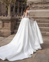 Illusion High Neck Long Sleeve Arabic Wedding Dress Chapel Train Dubai Satin Bridal Gown