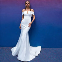 Fashion Off Shoulder Sheath Satin Wedding Dress Simple Bridal Gown With Detachable Train