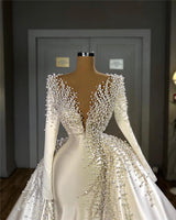 Luxury Deep V-neck Long Sleeve Sheath Wedding Dress Beaded Saudi Arabia Bridal Gown With Detachable Tail