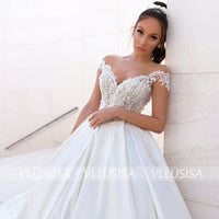 Custom Made Off Shoulder Backless Ball Gown Wedding Dress Beading Lace Satin Bridal Gown