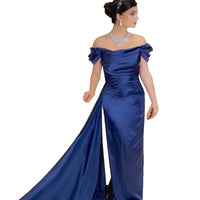 Ruched Mermaid Evening Dresses Off Shoulder Satin Formal Evening Gowns With Ribbon