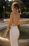 VLLUSISA Sexy Spaghetti Strap Backless Wedding Dresses Sheath Lace Satin Wedding Gowns