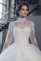 High Neck Long Sleeve Ball Gown Wedding Dress Lace Appliqued Muslim Bridal Gown