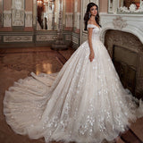 VLLUSISA V-neck Off-shoulder Bridal Gown Beading Lace Princess Ball Gown Wedding Dress