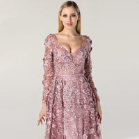 Fashion 3D Flower Lace Evening Dress Long Sleeve Sheath Evening Gown With Detachable Train