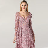 Fashion 3D Flower Lace Evening Dress Long Sleeve Sheath Evening Gown With Detachable Train