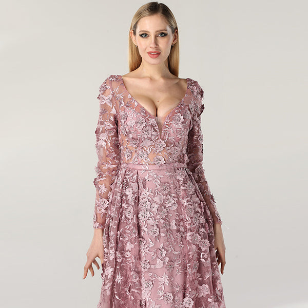 Fashion 3D Flower Lace Evening Dress Long Sleeve Sheath Evening Gown W VLLUSISA Fashion 3D Flower Lace Evening Dress Long Sleeve Sheath Evening Gown W VLLUSISA