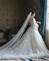 Fashion Puff Long Sleeve Princess Wedding Dresses Ball Gown Tiered Tulle Bridal Gowns