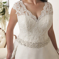 Beading Plus Size Lace Bridal Gown A-Line Cap Sleeve Cut-out Back Chapel Train Wedding Dress