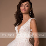 VLLUSISA Simple A-Line V-neck Sleeveless Wedding Dresses Lace Appliqued Bridal Gowns