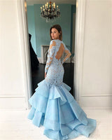 VLLUSISA Long Sleeve Mermaid Tiered Evening Dresses Custom Made Sky Blue Lace Evening Gowns