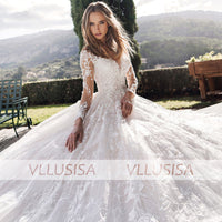 Illusion Scoop Neck Long Sleeve Wedding Gown Cathedral Train Ball Gown Lace Wedding Dress