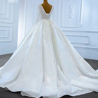 Custom Made Sexy Deep V Handmade Beaded Wedding Gown Long Sleeve Princess Satin Bridal Dress