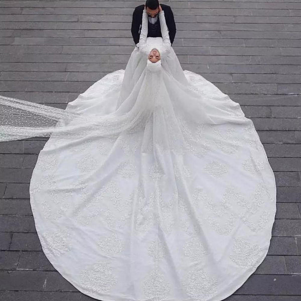 High Neck Long Sleeve Sheath Muslim Wedding Dress Lace Hijab Wedding Gown With Detachable Train High Neck Long Sleeve Sheath Muslim Wedding Dress Lace Hijab Wedding Gown With Detachable Train