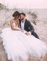 Vestidos de novia bohemios románticos con cuello en V sin mangas de encaje flores vestidos de novia de playa