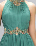 Beading Pleated Chiffon Prom Dress A Line Floor Length Halter Neckline Dinner Party Gown