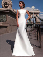 Simple Satin Wedding Dresses Square Neckline Beach Bridal Gowns With Detachable Tail