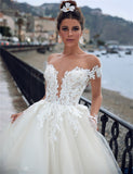 Elegant Long Sleeve See Through Back Wedding Dresses Ball Gown Lace Bridal Gowns