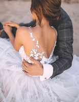 Vestidos de novia bohemios románticos con cuello en V sin mangas de encaje flores vestidos de novia de playa