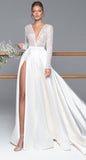 Sexy High Slit Satin Wedding Dresses Beading A Line Long Sleeve Deep V-neck Bridal Gowns