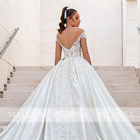 Custom Made Off Shoulder Backless Ball Gown Wedding Dress Beading Lace Satin Bridal Gown