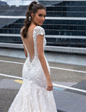 Sexy Beading Deep V-neck Sheath Wedding Gown Cap Sleeve Backless Lace Flower Wedding Dress