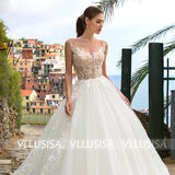 VLLUSISA Illusion A Line Wedding Dress O-neck Sleeveless Beach Lace Appliqued Bridal Gown