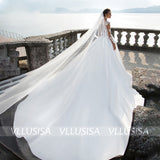 VLLUSISA O-Neck Long Sleeve Beach Bridal Gowns A-line Lace Satin Wedding Dresses