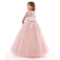 Long Style Dentelle Appliqued Flower Girl Robes Enfants O-cou Demi Manches Robes De Soirée Pour La Danse D'anniversaire De Mariage