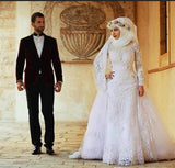 Vestidos de novia musulmanes de moda Vestidos de novia islámicos con apliques de encaje Hijab de manga larga