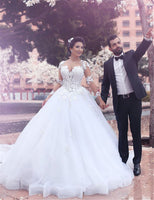 Custom Made Romantic Full Sleeve Lace Appliqued Wedding Dresses Illusive Ball Gown Bridal Dresses