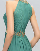 Beading Pleated Chiffon Prom Dress A Line Floor Length Halter Neckline Dinner Party Gown