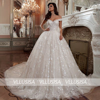 VLLUSISA V-neck Off-shoulder Bridal Gown Beading Lace Princess Ball Gown Wedding Dress