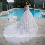 VLLUSISA Boat Neck Off Shoulder Ball Gown Wedding Dresses Beading Lace Bridal Gowns