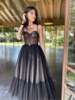 Custom Made A Line Tea Length Polka Party Gowns Spaghetti Strap Black Dot Prom Dresses