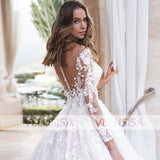 Illusion Scoop Neck Long Sleeve Wedding Gown Cathedral Train Ball Gown Lace Wedding Dress