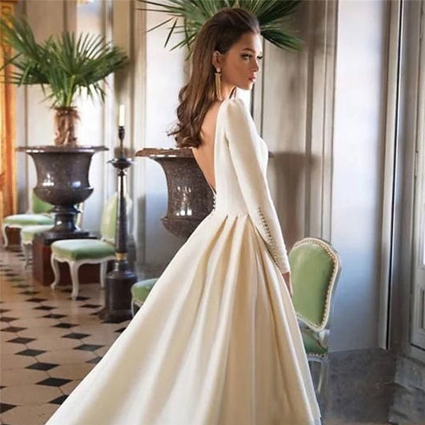Gorgeous Boat Neck Long Sleeve Backless Wedding Dress Simple Satin Bri VLLUSISA Gorgeous Boat Neck Long Sleeve Backless Wedding Dress Simple Satin Bri VLLUSISA