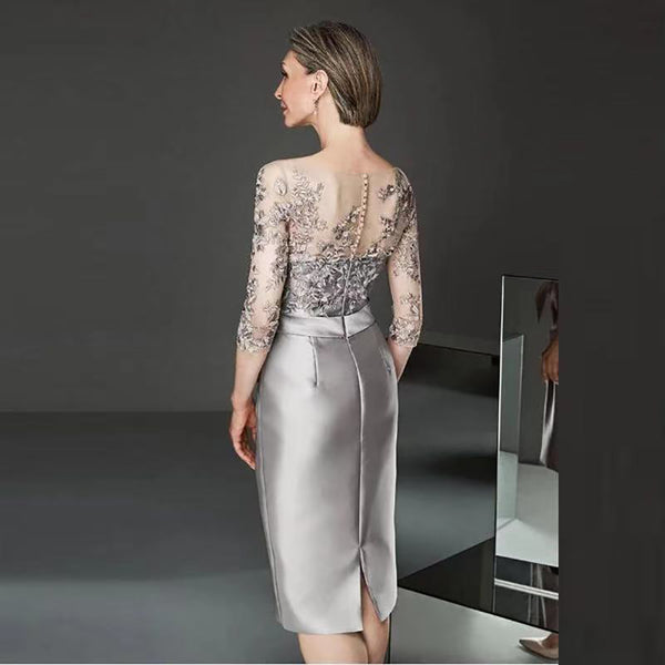 Illusion Three Quarter Sleeve Knee Length Wedding Party Dress Lace Satin Mother Of The Bride Dress Illusion Three Quarter Sleeve Knee Length Wedding Party Dress Lace Satin Mother Of The Bride Dress