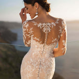 Illusion Lace Wedding Gowns Long Sleeve Sheath Wedding Dresses With Detachable Tail