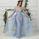 Fashion 3D Flower Lace Evening Dress Long Sleeve Sheath Evening Gown With Detachable Train