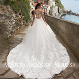 VLLUSISA Illusion A Line Wedding Dress O-neck Sleeveless Beach Lace Appliqued Bridal Gown