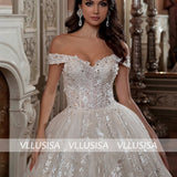 VLLUSISA V-neck Off-shoulder Bridal Gown Beading Lace Princess Ball Gown Wedding Dress