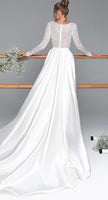 Sexy High Slit Satin Wedding Dresses Beading A Line Long Sleeve Deep V-neck Bridal Gowns