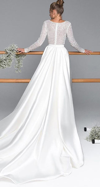Sexy High Slit Satin Wedding Dresses Beading A Line Long Sleeve Deep V VLLUSISA Sexy High Slit Satin Wedding Dresses Beading A Line Long Sleeve Deep V VLLUSISA